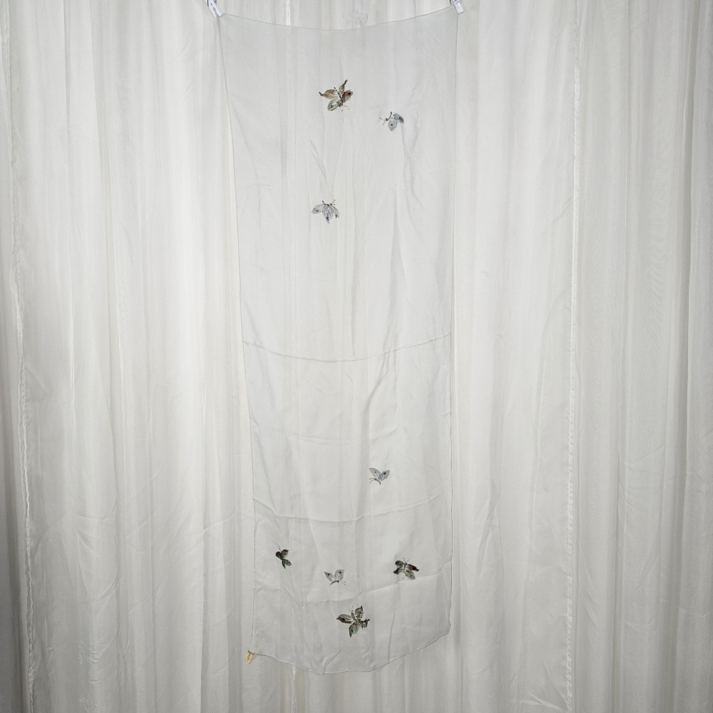 Vintage Saks Fifth Avenue sheer white painted butterfly scarf